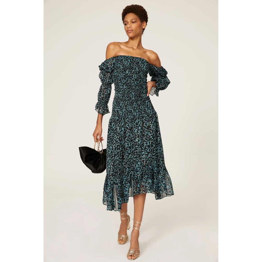 MISA Los Angeles Rashida Blue Floral Smocked Midi‎ Dress Lurex Large